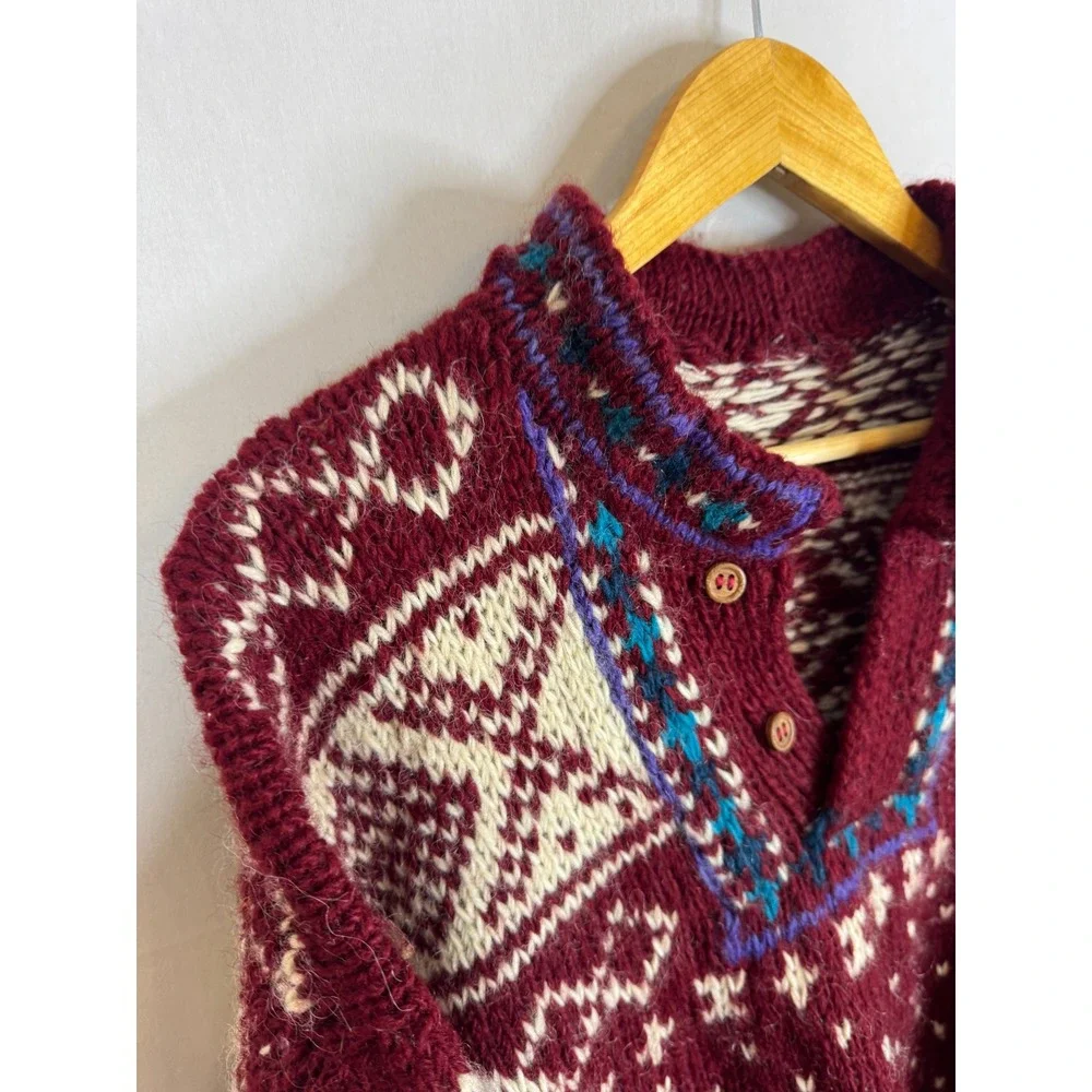Handmade Wool Fair Isle Nordic Henley Sweater Burgundy Cream XL